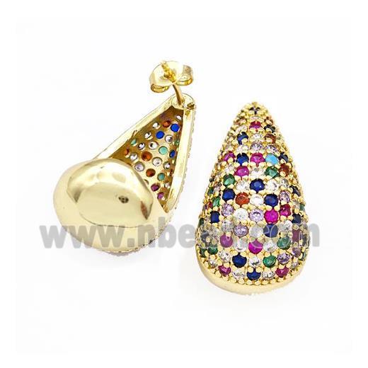 Copper Teardrop Stud Earrings Micro Pave Multicolor Zirconia Hollow Gold Plated