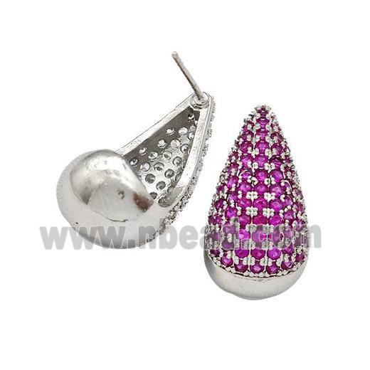 Copper Teardrop Stud Earrings Micro Pave Fuchsia Zirconia Platinum Plated