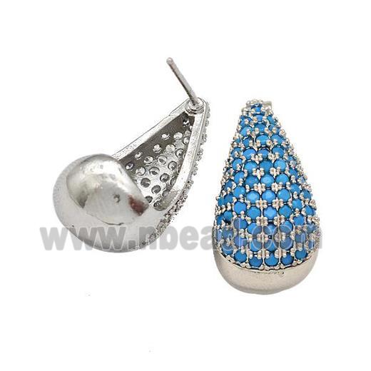 Copper Teardrop Stud Earrings Micro Pave Turqblue Zirconia Platinum Plated