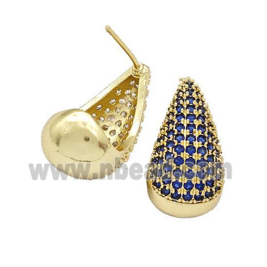 Copper Teardrop Stud Earrings Micro Pave Blue Zirconia Gold Plated