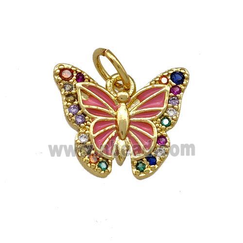 Copper Butterfly Pendant Pave Zirconia Pink Painted Gold Plated