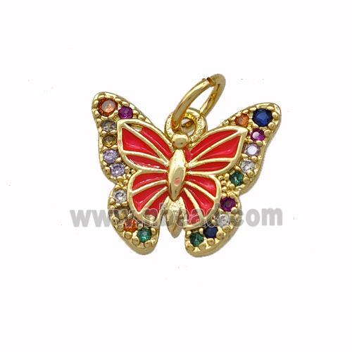 Copper Butterfly Pendant Pave Zirconia Red Painted Gold Plated