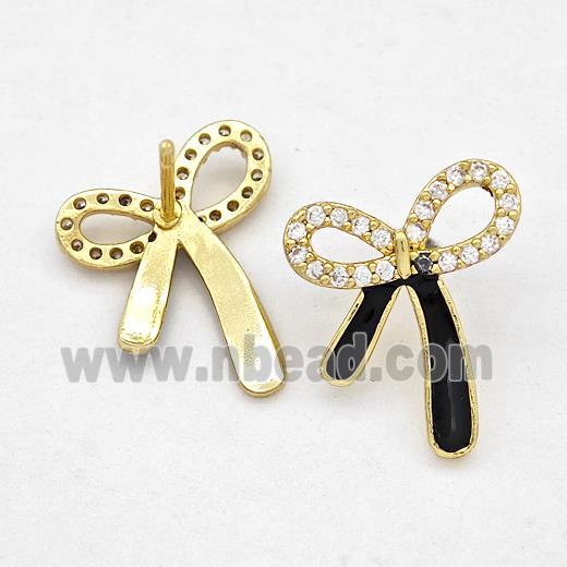 Copper Bow Earrings Stud Pave Zirconia Black Enamel Gold Plated