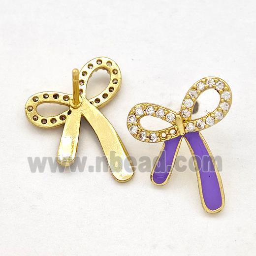 Copper Bow Earrings Stud Pave Zirconia Purple Enamel Gold Plated