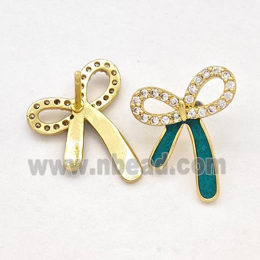 Copper Bow Earrings Stud Pave Zirconia Green Enamel Gold Plated