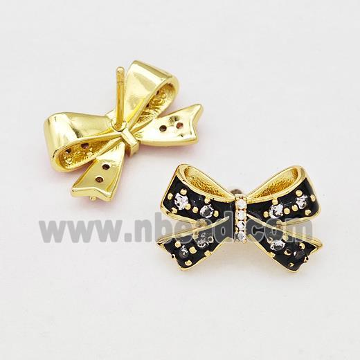 Copper Bow Stud Earrings Pave Zirconia Black Enamel Gold Plated