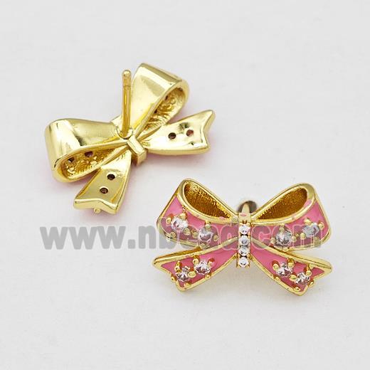 Copper Bow Stud Earrings Pave Zirconia Pink Enamel Gold Plated