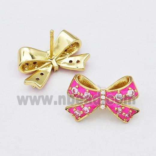 Copper Bow Stud Earrings Pave Zirconia Hotpink Enamel Gold Plated