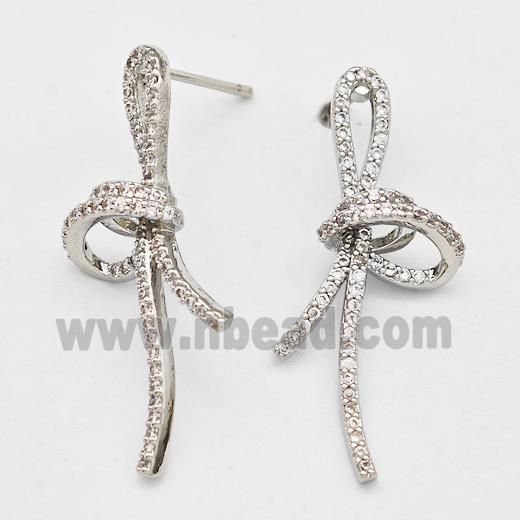 Copper Bow Stud Earrings Pave Zirconia Platinum Plated