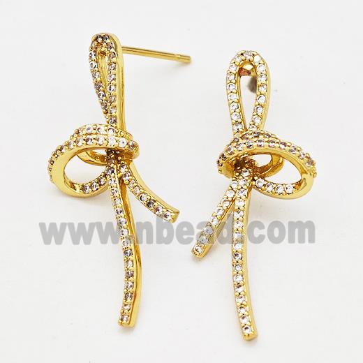 Copper Bow Stud Earrings Pave Zirconia Gold Plated