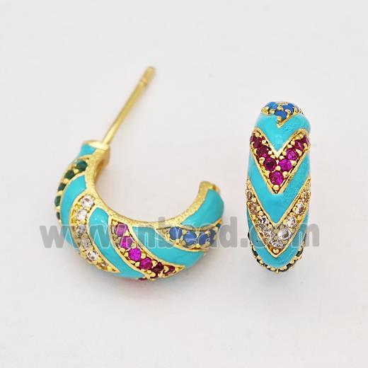 Copper Earring Studs Pave Zirconia Teal Enamel Gold Plated