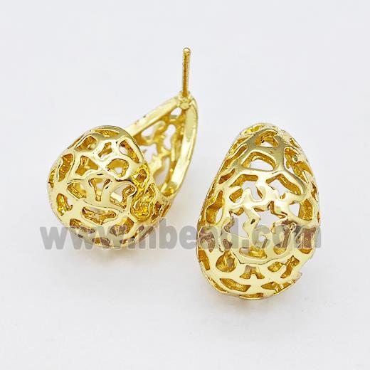 Copper Earring Studs Pave Zirconia Hollow Teardrop Gold Plated