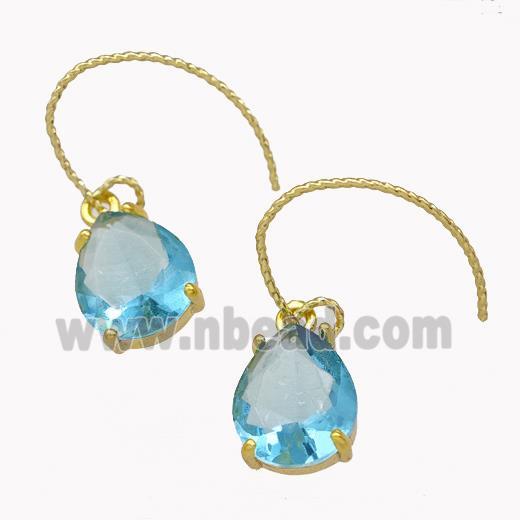 Copper Hook Earrings With Aqua Crystal Glass Teardrop Gold Plated