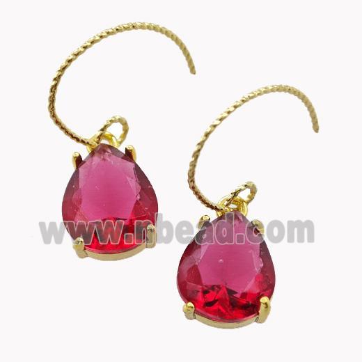 Copper Hook Earrings With Ruby Crystal Glass Teardrop Gold Plated