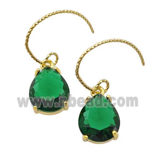 Copper Hook Earrings With Green Crystal Glass Teardrop Gold Plated