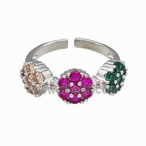 Copper Flower Rings Pave Multicolor Zirconia Platinum Plated