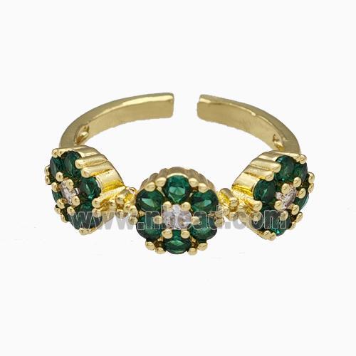 Copper Flower Rings Pave Green Zirconia Gold Plated