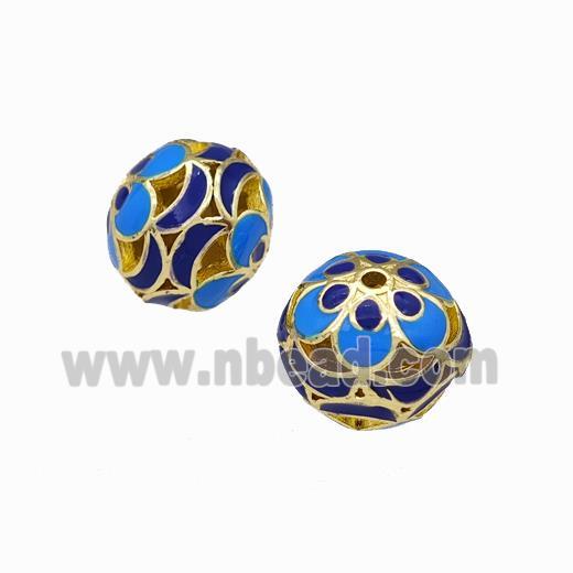 Copper Rondelle Beads Blue Enamel Hollow Gold Plated