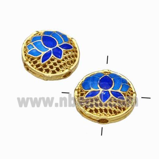 Copper Coin Beads Blue Painted Flower Hollow Gold Plated