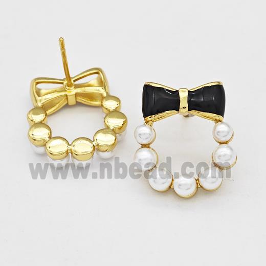 Copper Bow Stud Earrings Pave Pearlized Resin Black Painted Gold Plated