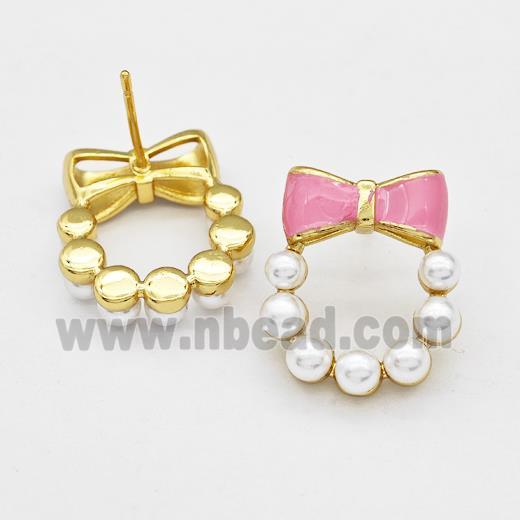 Copper Bow Stud Earrings Pave Pearlized Resin Pink Painted Gold Plated