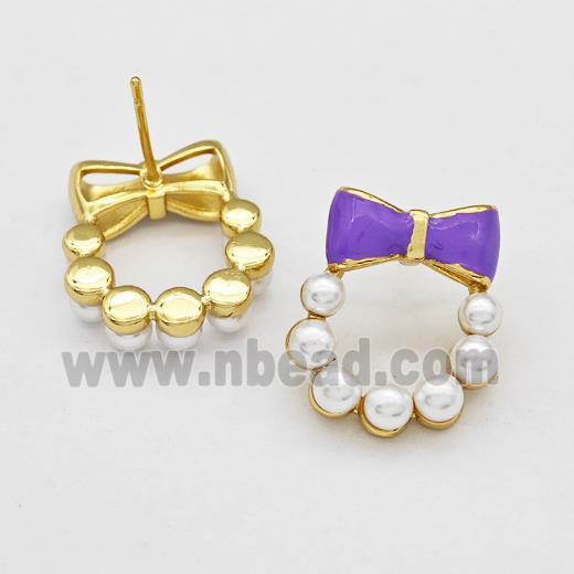 Copper Bow Stud Earrings Pave Pearlized Resin Purple Painted Gold Plated