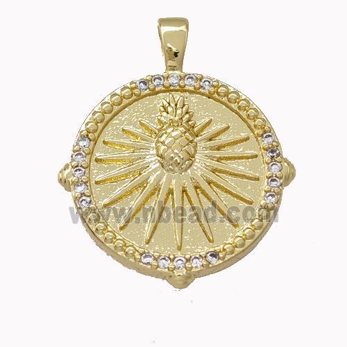 Pineapple Charms Copper Coin Pendant Pave Zirconia Gold Plated