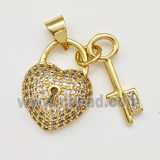 Copper Heart Lock Pendant Pave Zirconia Key Gold Plated