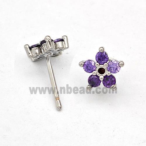 Copper Flower Stud Earring Micro Pave Zirconia Platinum Plated