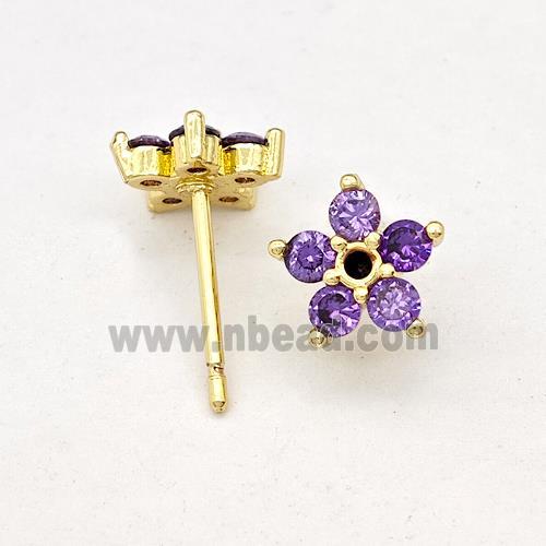 Copper Flower Stud Earring Micro Pave Zirconia Gold Plated