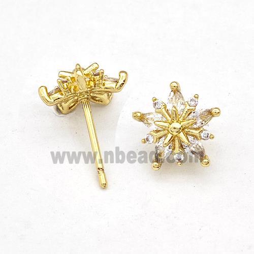 Copper Flower Stud Earring Micro Pave Zirconia Gold PLated