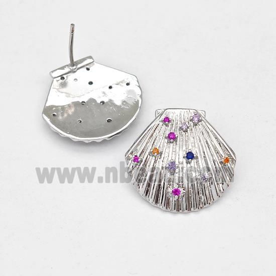 Copper ScallopShell Stud Earring Micro Pave Zirconia Platinum Plated