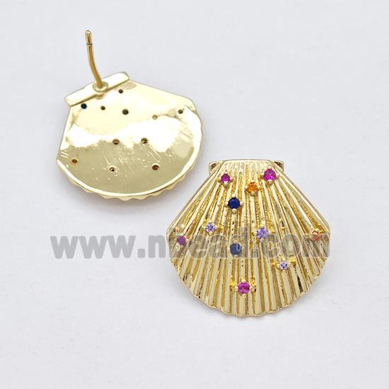 Copper ScallopShell Stud Earring Micro Pave Zirconia Gold Plated