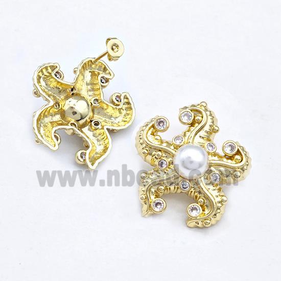 Copper Starfish Stud Earrings Pave Zirconia Pearlized Resin Gold Plated