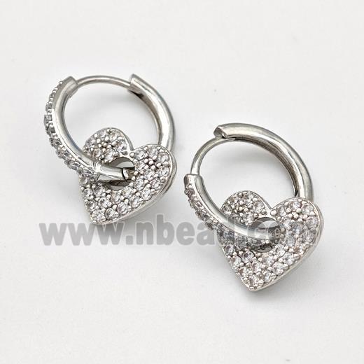 Copper Hoop Earrings Heart Pave Zirconia Platinum Plated