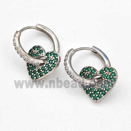 Copper Hoop Earrings Heart Pave Green Zirconia Platinum Plated