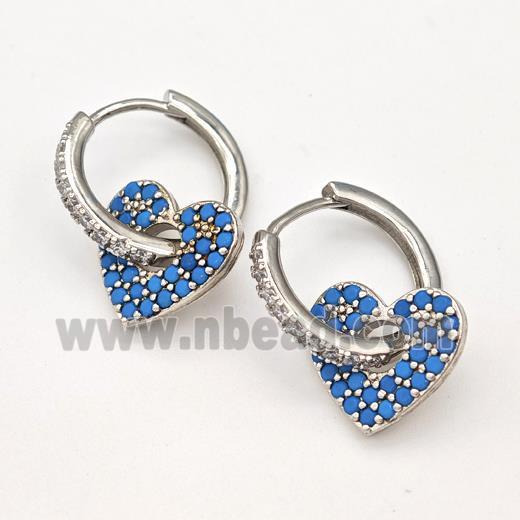 Copper Hoop Earrings Heart Pave Blue Zirconia Platinum Plated