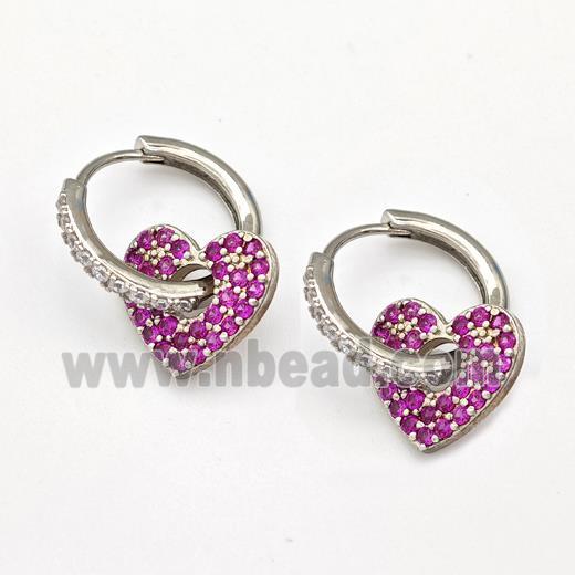 Copper Hoop Earrings Heart Pave Pink Zirconia Platinum Plated