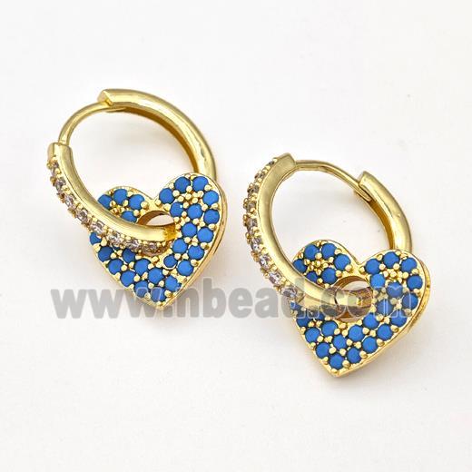 Copper Hoop Earrings Heart Pave Blue Zirconia Gold Plated