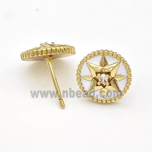 Copper Northstar Stud Earring Pave Zirconia White Enamel Circle Gold Plated