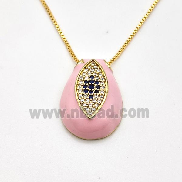 Copper Evil Eye Necklace Pave Zirconia Pink Enamel Gold Plated