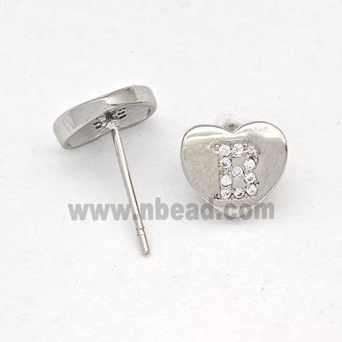 Copper Heart Stud Earring Pave Zirconia Letter-B Platinum Plated