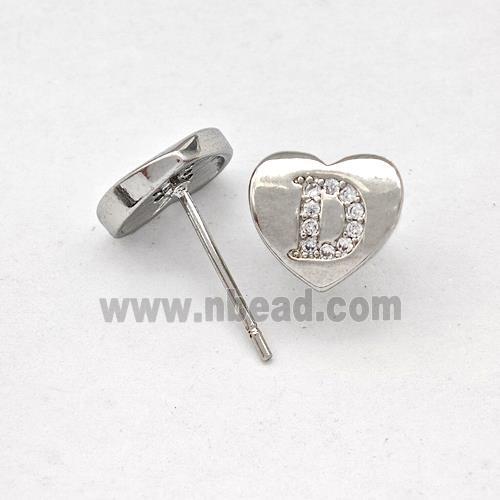 Copper Heart Stud Earring Pave Zirconia Letter-D Platinum Plated