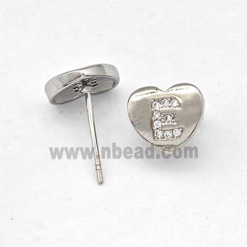 Copper Heart Stud Earring Pave Zirconia Letter-E Platinum Plated