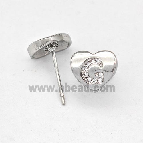 Copper Heart Stud Earring Pave Zirconia Letter-G Platinum Plated