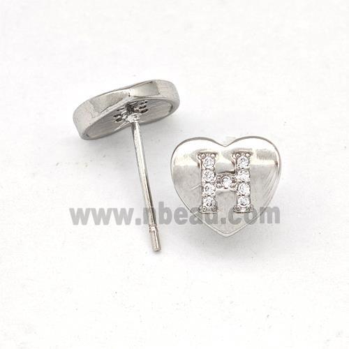 Copper Heart Stud Earring Pave Zirconia Letter-H Platinum Plated