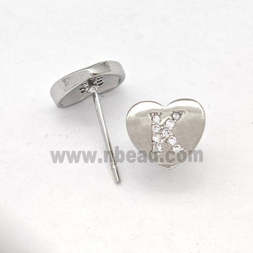 Copper Heart Stud Earring Pave Zirconia Letter-K Platinum Plated