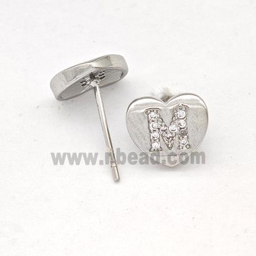 Copper Heart Stud Earring Pave Zirconia Letter-M Platinum Plated