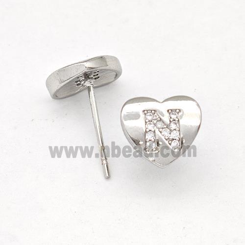 Copper Heart Stud Earring Pave Zirconia Letter-N Platinum Plated