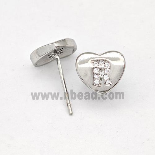 Copper Heart Stud Earring Pave Zirconia Letter-R Platinum Plated